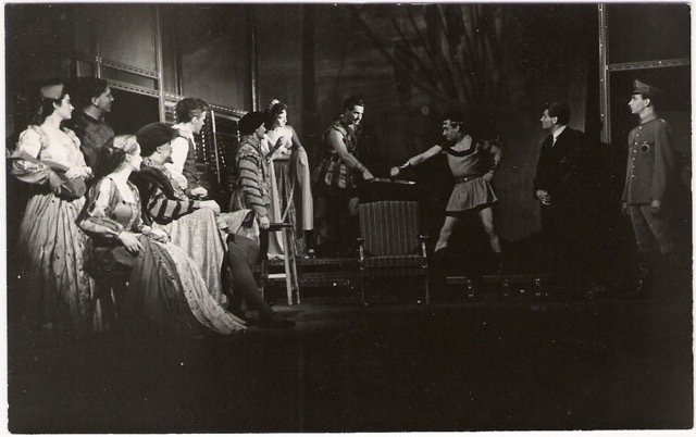 Play: Dr Faustus. From R to L: Mephistophiles, Faustus, Persian General, Alexander (Cyril), Roxana (Sheila). Tower Theatre, 1956